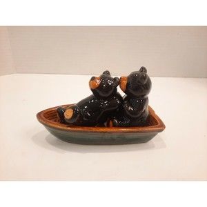 Vintage Lazy Ceramic Bears In A Boat Salt And Pepper Shaker Set